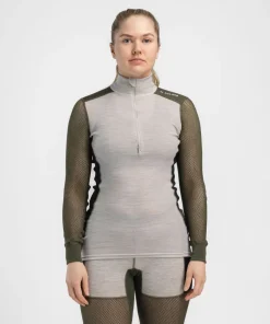 Aclima Women's WoolNet Hybrid Mock Neck Beige Melange/tarmac/jet Black