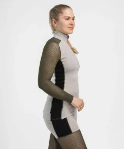 Aclima Women's WoolNet Hybrid Mock Neck Beige Melange/tarmac/jet Black