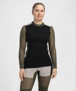 Aclima Women's WoolNet Hybrid Crew Neck Jet Black/Tarmac/Beige Melange