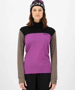 Mons Royale Women's Yotei Merino High Neck Long Sleeve Purple Bolt/Walnut/Black