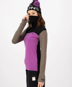 Mons Royale Women's Yotei Merino High Neck Long Sleeve Purple Bolt/Walnut/Black